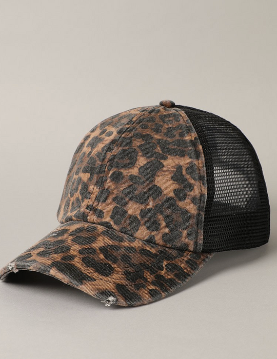 Leopard Distressed Mesh Baseball Cap