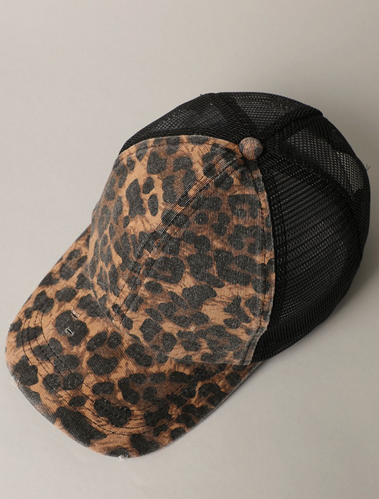 Leopard Distressed Mesh Baseball Cap