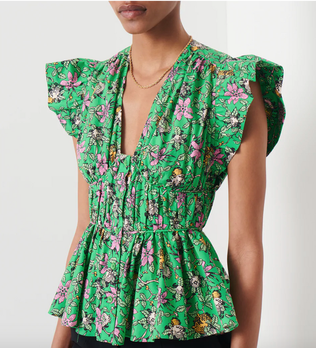 Roselyn Ruffle Sleeve Top - Green Multi