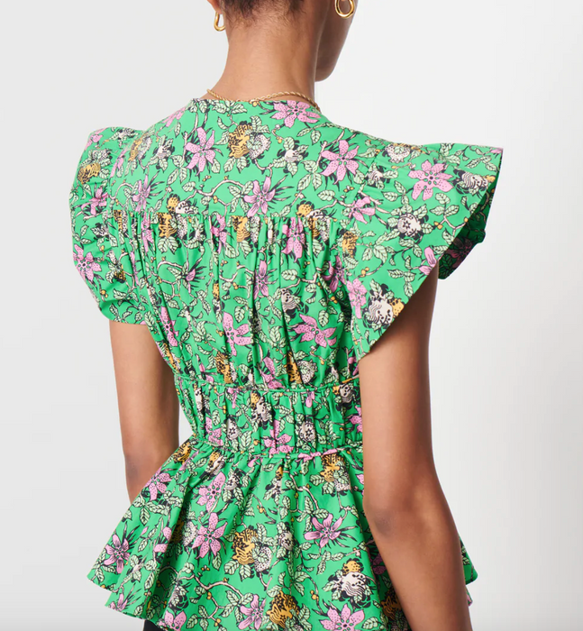 Roselyn Ruffle Sleeve Top - Green Multi
