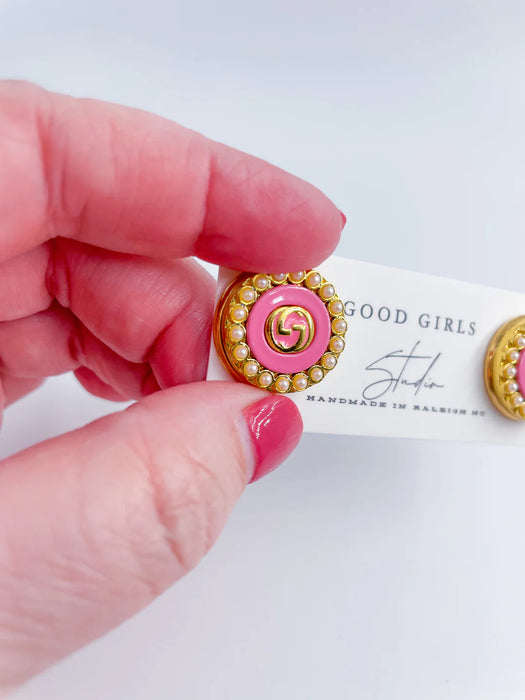 Pink Repurposed GG Button Earrings