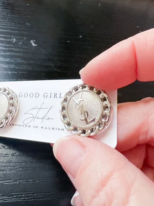 Silver Repurposed YSL Button Earrings